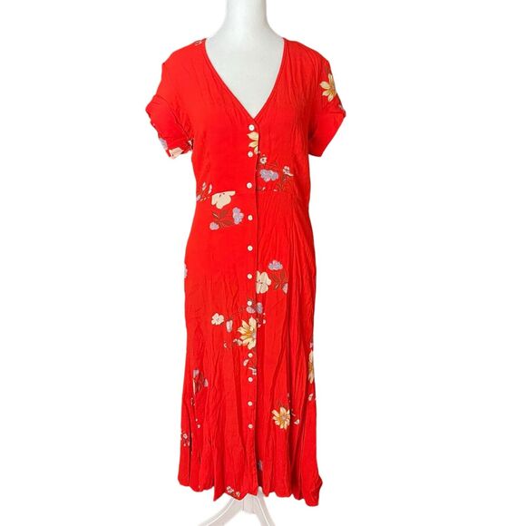 CAPULET Large Ellie Midi Dress Bright Red Floral Vneck Button Front Long - Picture 1 of 13